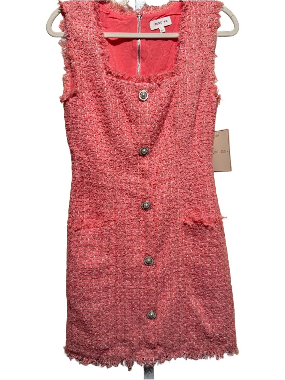 Coral Bouclé Tweed button down shift mini dress with Pearl Buttons sz small - Picture 4 of 8